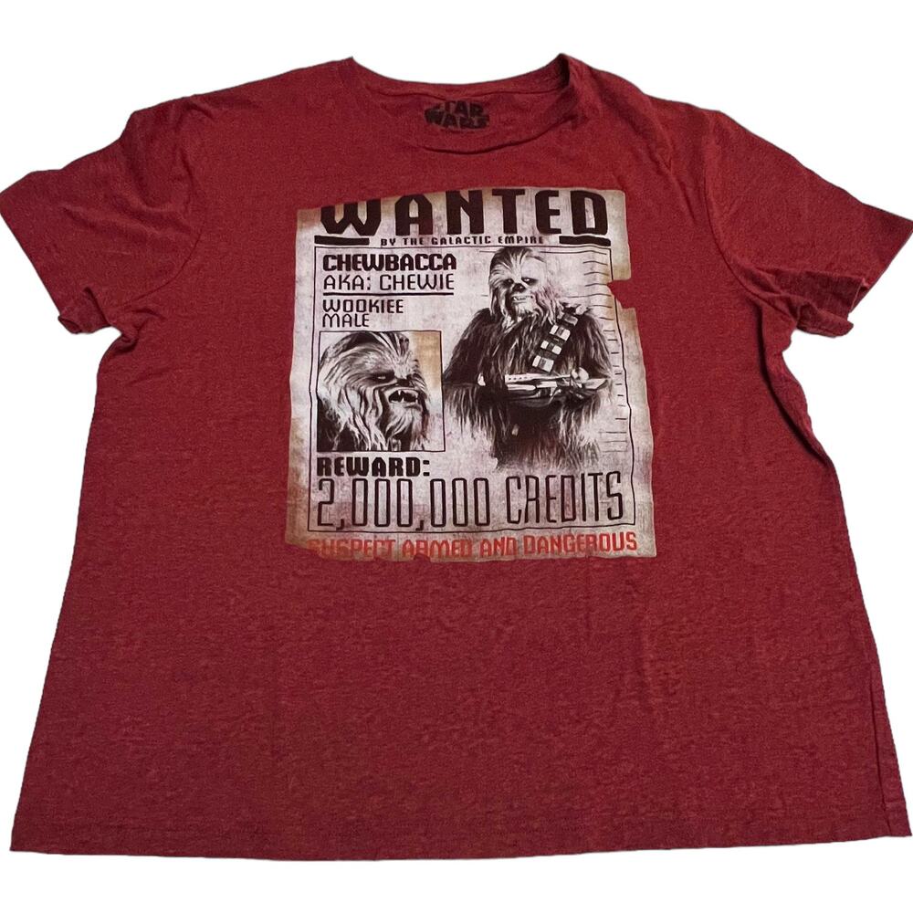 Star Wars Chewbacca Wanted Poster T-Shirt Red Adult Large Credits Reward Tee